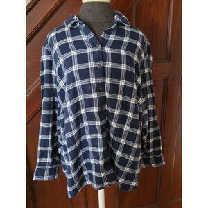Lands End Womens Flannel Shirt 2X Navy & White Plaid Long Sleeve Button-Up Top